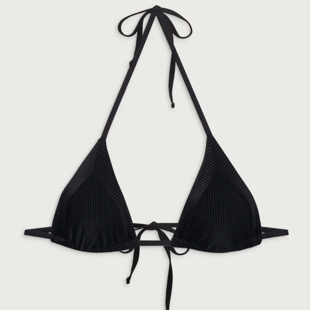 Frankie’s Bikinis Sky Ribbed Triangle Bikini Top Small Black String Straps Beach